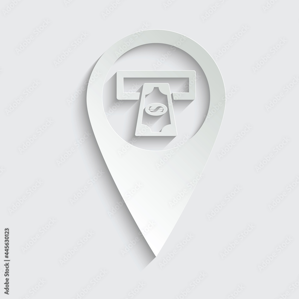 paper map pointer with atm money icon. Money from atm vector sign paper map pointer with atm money icon. Money from atm vector sign