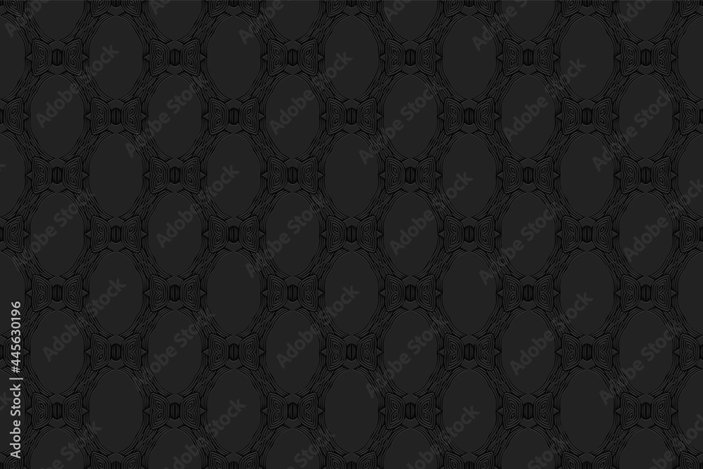 3D volumetric convex embossed black background. Ethnic oriental, asian, indian pattern with handmade elements. Geometric decorative texture for design and decoration. 3D volumetric convex embossed black background. Ethnic oriental, asian, indian pattern with handmade elements. Geometric decorative texture for design and decoration.