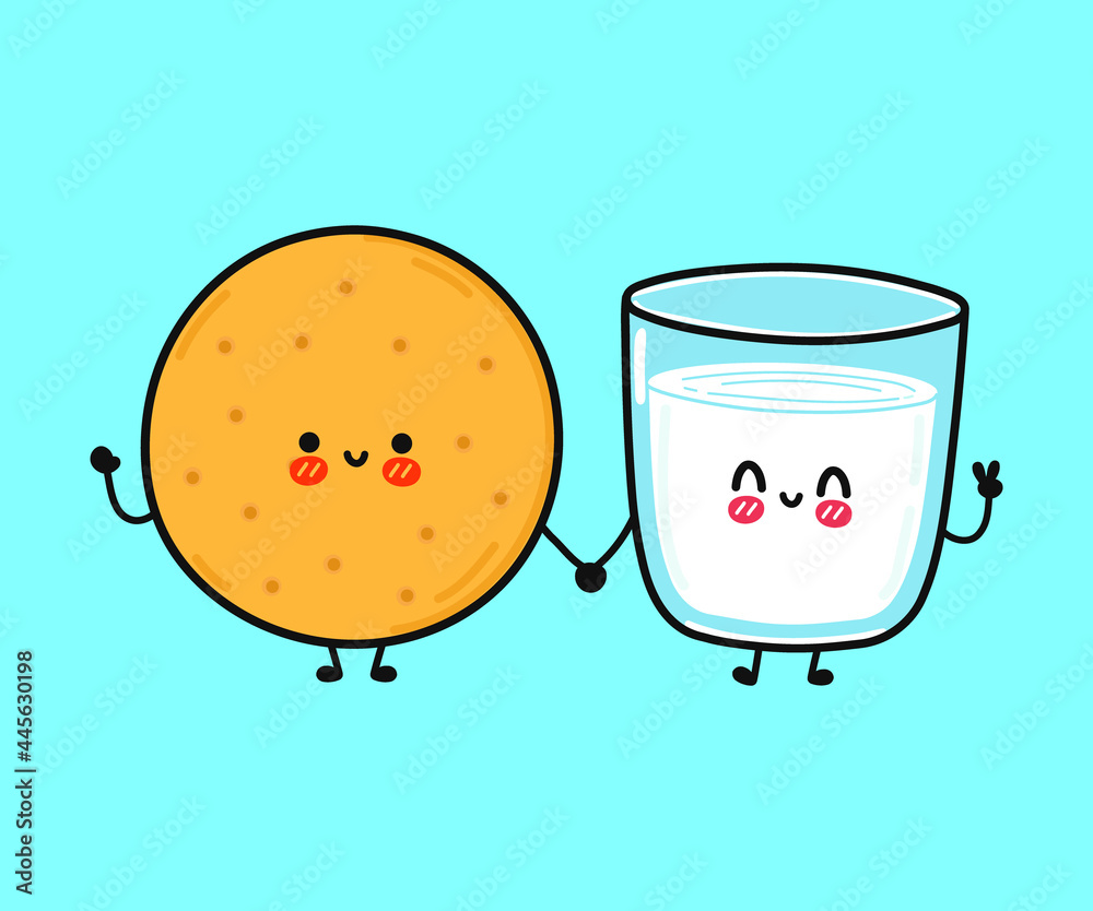 Cute, funny happy glass of milk and cookies character. Vector hand