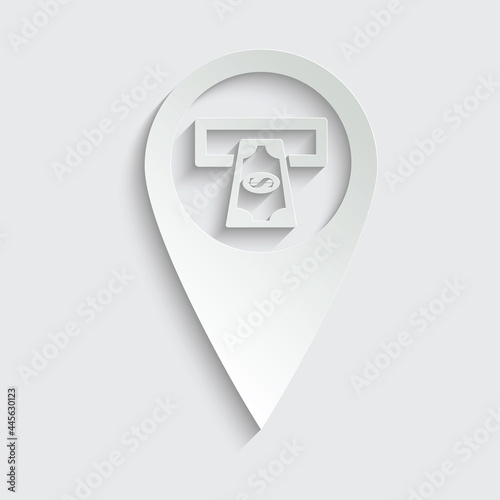 paper map pointer with atm  money icon. Money from atm vector sign