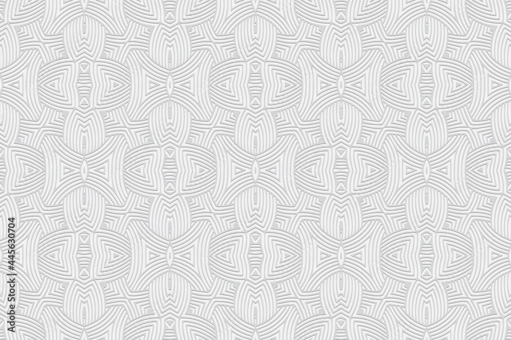 3D volumetric convex embossed white background. Ethnic oriental, asian, indian pattern with handmade elements. Geometric beautiful modern texture for design and decor.