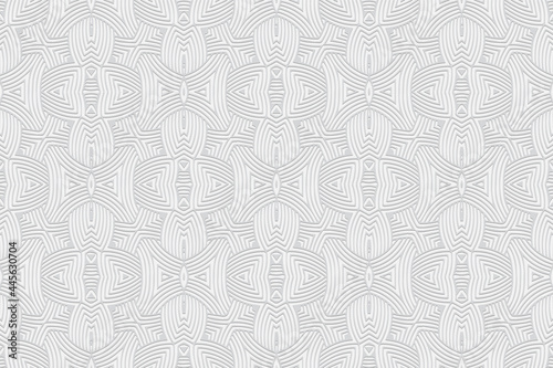 3D volumetric convex embossed white background. Ethnic oriental, asian, indian pattern with handmade elements. Geometric beautiful modern texture for design and decor.