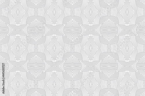 3D volumetric convex embossed white background. Ethnic oriental, asian, indian pattern with handmade elements. Geometric beautiful graceful texture for design and decoration.