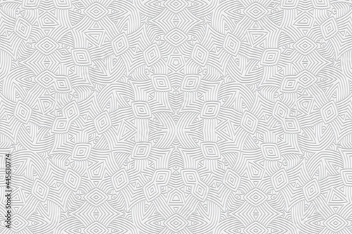 3D volumetric convex embossed white background. Ethnic oriental, asian, indian pattern with handmade elements. Geometric unique trendy texture for design and decoration.