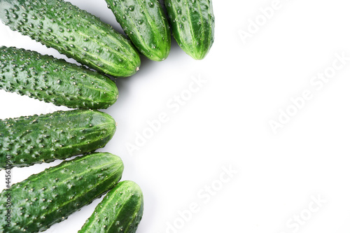 Set of fresh whole cucumbers on white background  food pattern. Garden cucumber wallpaper backdrop design