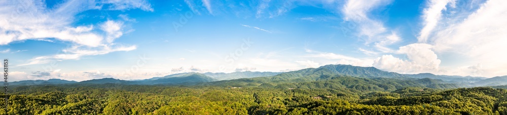 Aerial panorama of the Great Smoky Mountains National Park, as viewed from Gatlinburg, Tennessee. Cliff Top and Mount Le Conte on the right, and mount Chapman on the left dominate the massif.