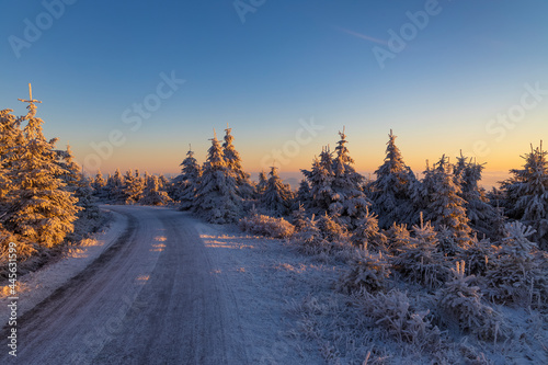 Sunrise in winter landscape near Velka Destna, Orlicke mountains, Eastern Bohemia, Czech Republic