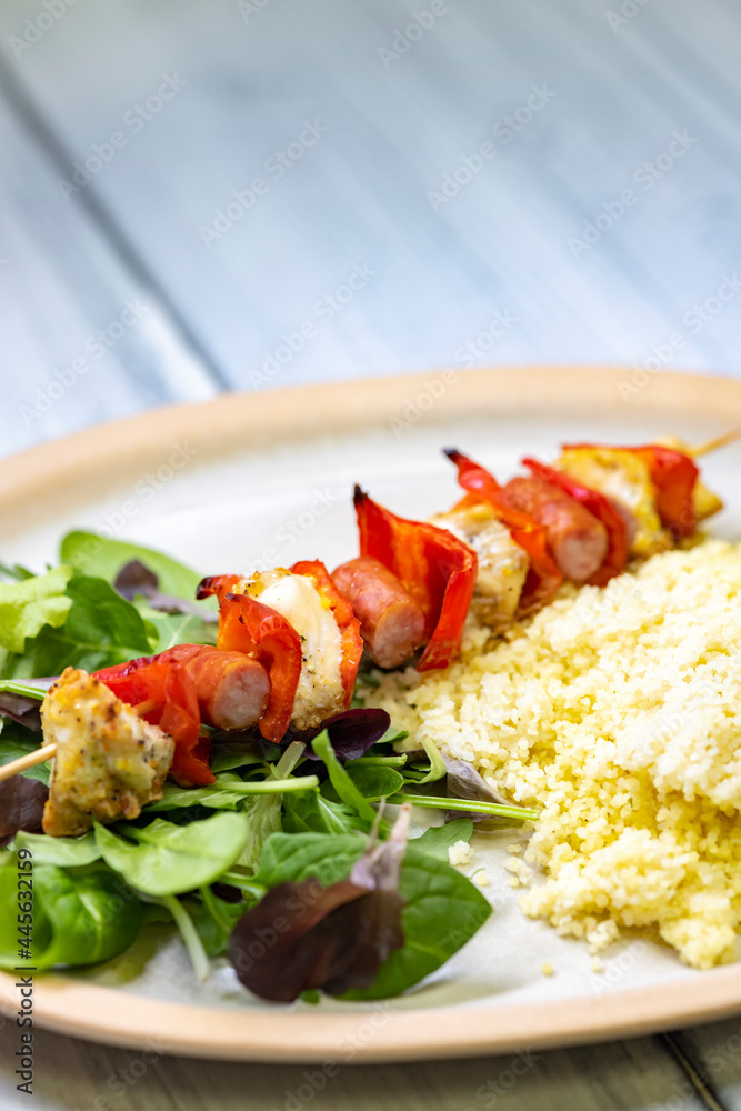 Chicken skewer with red pepper and sausage Chicken skewer with red pepper and sausage