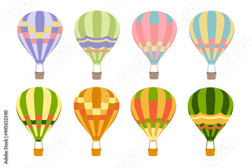 Set various colored balloons in flat style on white background. The collection of hot air balloon. Cartoon style. Isolated object. Design concept, template, element.