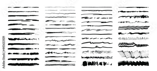 Set of hand drawn ink lines, sketch strokes isolated on white. Vector grunge brushes. Ink art brusher are added to the brushes panel.
