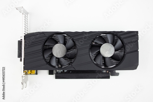 Card, video, graphics. Game graphics card on white background. Electronic device or computer part, concept computer harware. GPU card. IT hardware. Crypto currency mining rig with graphics cards. photo