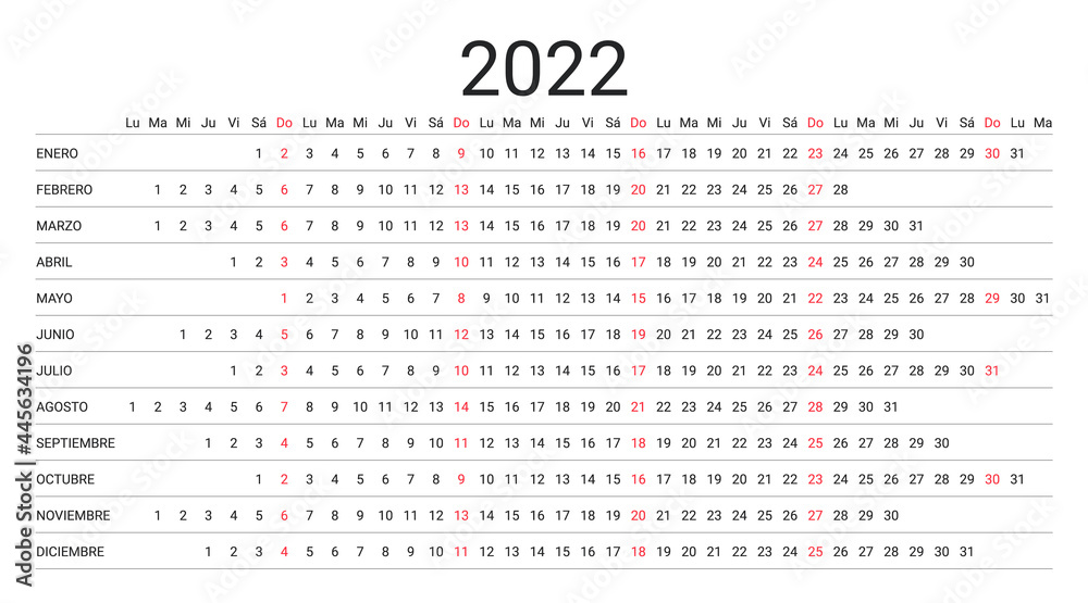 2022 Linear Calendar In Spanish Calender Planner For Year Vector 