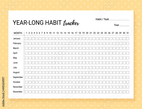 Habit tracker template. Year-long habit diary. Journal planner with bullets. Goal list on background with stars. Vector illustration. Simple design. Horizontal, landscape orientation. Paper size A4. photo