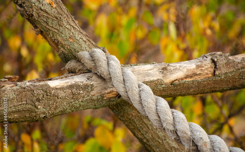 Three layers of rope tied around a wooden log, in the shade on a sunny day © MTX