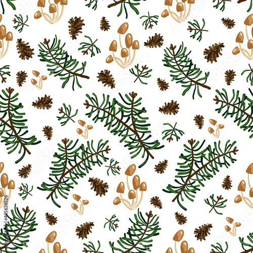seamless pattern with fir branches, cones and forest mushrooms, background with coniferous plant, stylized vector graphics