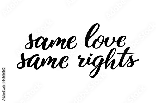 Same love same rights hand drawn lettering quote. Homosexuality slogan isolated on white. LGBT rights concept. Modern ink illustration for poster  placard  invitation card  t-shirt print design.