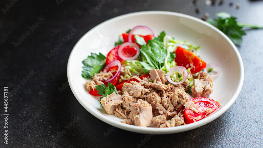 salad tuna seafood vegetable tomato, onion, herbs, olives canned tuna fish plate on the table, healthy meal copy space food background top view salad tuna seafood vegetable tomato, onion, herbs, olives canned tuna fish plate on the table, healthy meal copy space food background top view