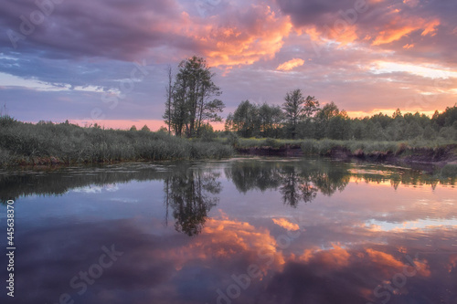 Obraz na płótnie Summer scenery of the river and forest. Scenic sunrise over the river. Reflection clouds in the river. w salonie