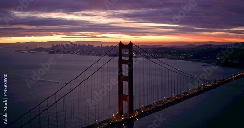 Aerial: The Golden Gate Bridge at night. San Francisco, California, USA