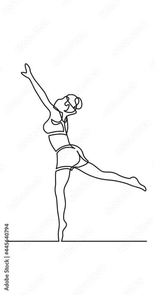 one line drawing of happy young woman stretching one line drawing of happy young woman stretching