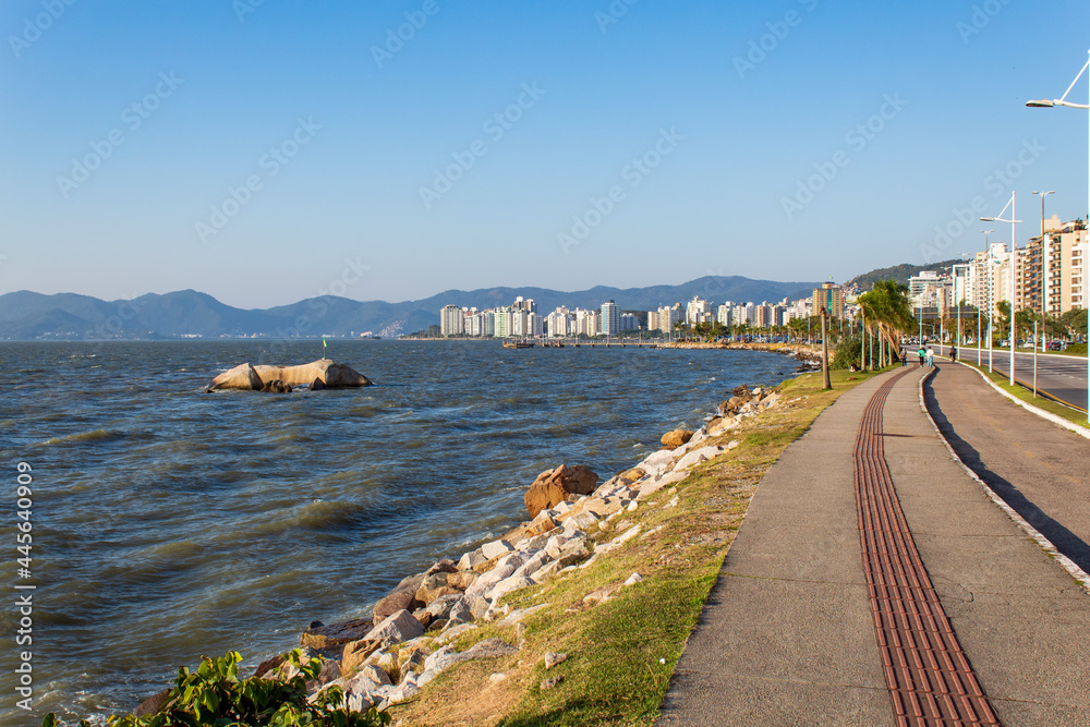 view of the sea and mountains in Florianópolis sidewalk characteristic of the city of Florianópolis