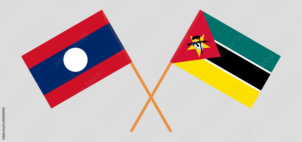Crossed flags of Laos and Mozambique. Official colors. Correct proportion Crossed flags of Laos and Mozambique. Official colors. Correct proportion