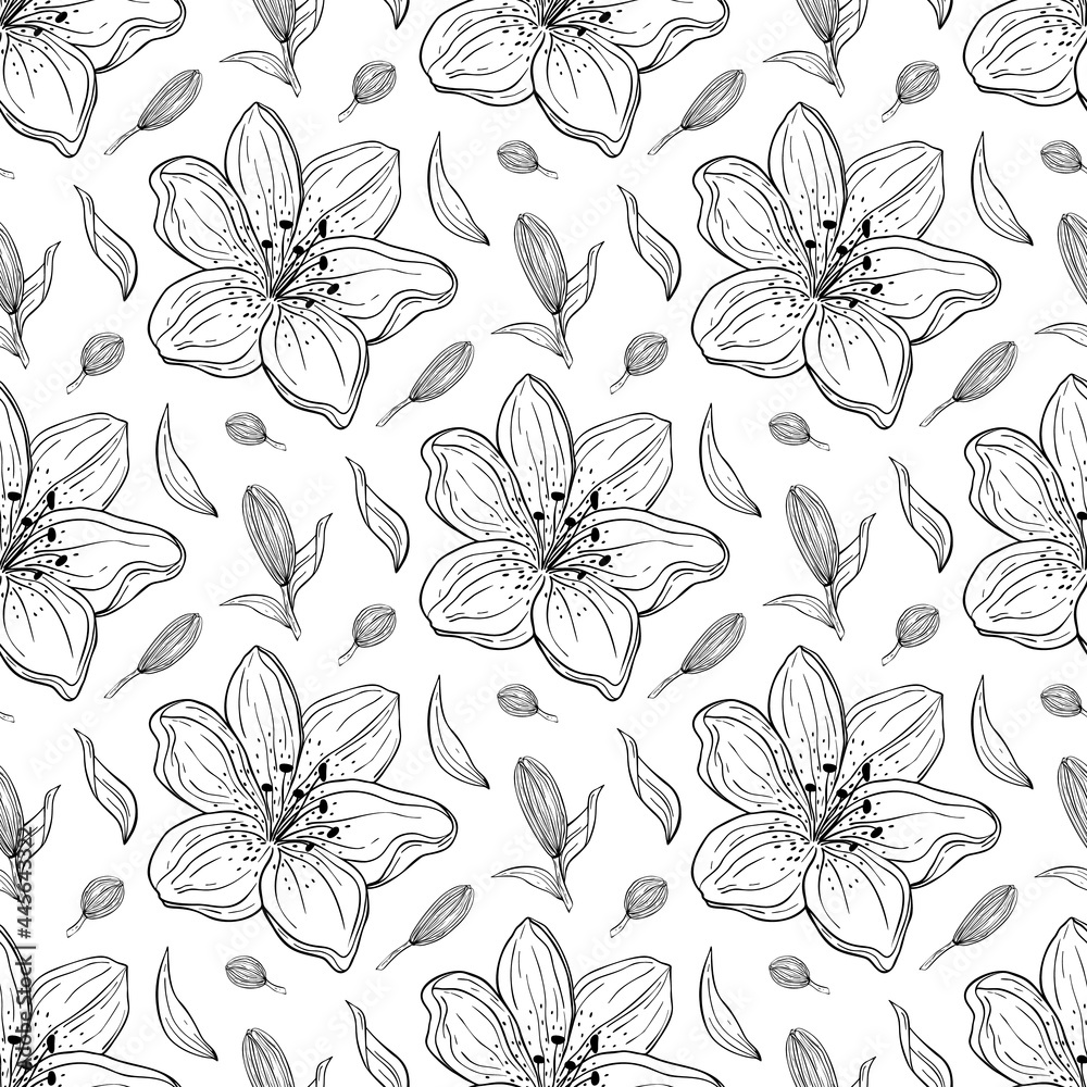 Hand drawn seamless pattern vector of flowers and leaves. Blooming lily. Decorative floral doodle illustration for greeting card, invitation, wallpaper, wrapping paper, fabric Hand drawn seamless pattern vector of flowers and leaves. Blooming lily. Decorative floral doodle illustration for greeting card, invitation, wallpaper, wrapping paper, fabric
