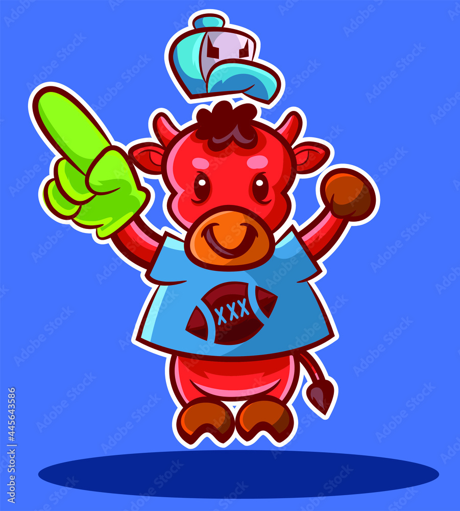Obraz premium Cute red ox cheering for his favorite team. This cute and cuddly red ox is cheering and vibrating for his heart team, with his cap and his number 1 finger this ox is cheering for his favorite team.