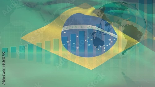 Animation of moving flag of brazil over data processing and globe photo