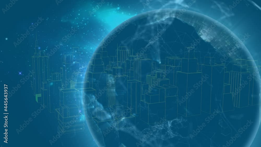 Animation of network of connections over 3d city drawing and globe Animation of network of connections over 3d city drawing and globe