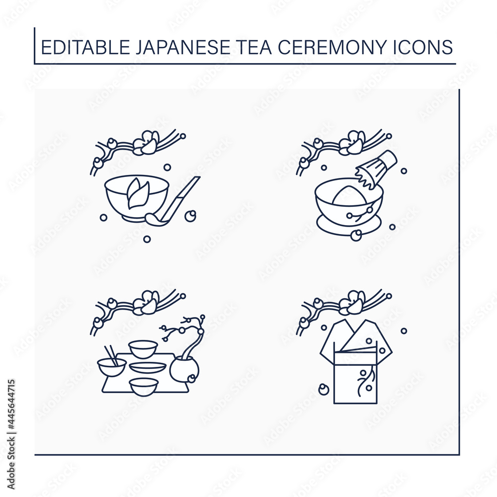 Japanese tea ceremony line icons set. Kimono, kaiseki, tea whisk and scoop. Japan ancient tradition. Tea ceremony concept.Isolated vector illustrations.Editable stroke