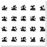 Procrastination glyph icons set. Postpone unpleasant tasks for later.Delay. Lazy person. Overwhelmed concept. Filled flat sign. Isolated silhouette vector illustrations