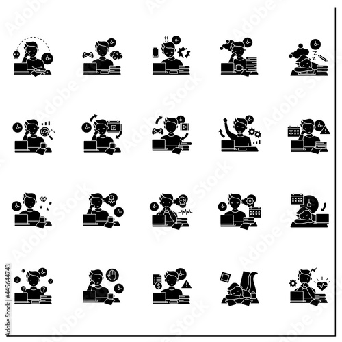 Procrastination glyph icons set. Postpone unpleasant tasks for later.Delay. Lazy person. Overwhelmed concept. Filled flat sign. Isolated silhouette vector illustrations