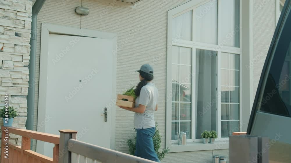 custom made wallpaper toronto digitalFemale courier is delivering organic food to male customer knocking on house door giving paper bag talking. Groceries delivery and people concept.