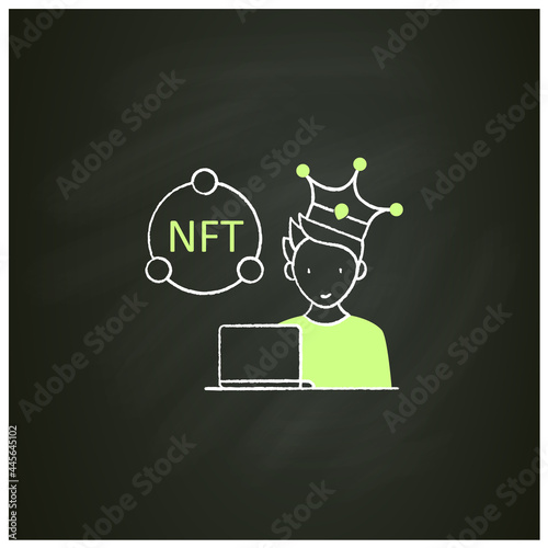 NFT artist chalk icon. Content creator. Crypto artist. Creating more NFTs works. Having copyright. Digitalization concept. Isolated vector illustration on chalkboard