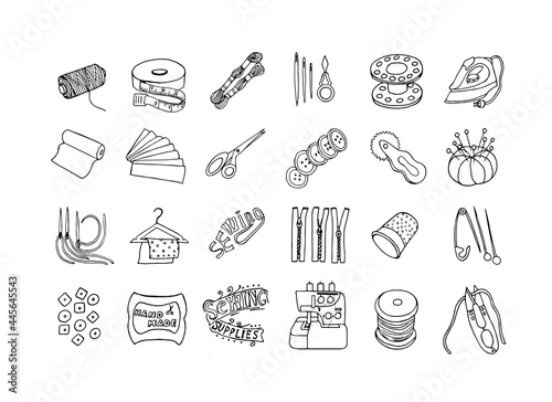 A set of tools for needlework in the doodling style. Sewing accessories, vector EPS10.