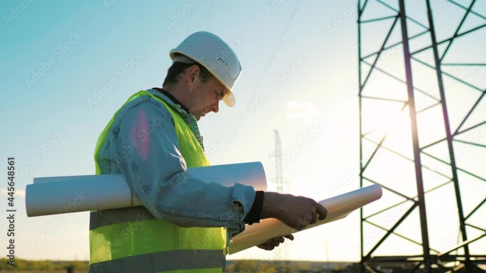 Architect Worker Checking Construction Project On Electric Tower. One Engineer Stands Near Power Lines At Sunset. Male Technician Is Operating A Documents Beside Electrical Transmission Lines. Architect Worker Checking Construction Project On Electric Tower. One Engineer Stands Near Power Lines At Sunset. Male Technician Is Operating A Documents Beside Electrical Transmission Lines.