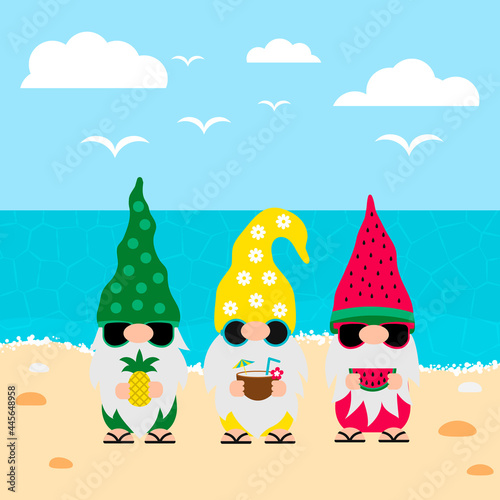 Gnomes on the beach.Cute cartoon characters on vacations. Vector template for banner, poster, greeting card, etc