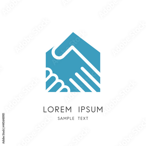 Handshake and real estate logo - shake hands and home or house symbol. Realty and property agency, business deal and agreement, love and family vector icon.