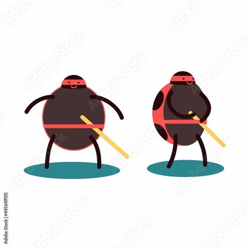 Fighter ladybug. A ninja insect holds a weapon in his hands. Japanese swordsman character.
