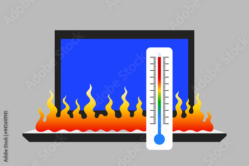 Laptop with flame and thermometer displaying high temperature