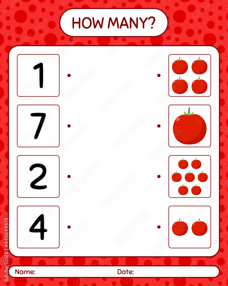 Naklejka premium How many counting game with tomato. worksheet for preschool kids, kids activity sheet, printable worksheet