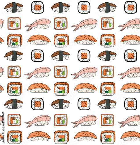 Vector seamless pattern of hand drawn doodle sketch colored sushi roll isolated on white background