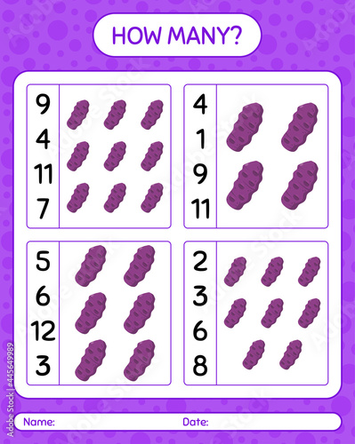 How many counting game with purple taewa. worksheet for preschool kids, kids activity sheet, printable worksheet photo