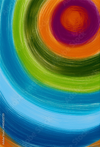 Oil painting on canvas imitation hand drawn background. Bright abstract design. Brush circles of rainbow colors: green, blue, fuchsia, purple, red, yellow, orange