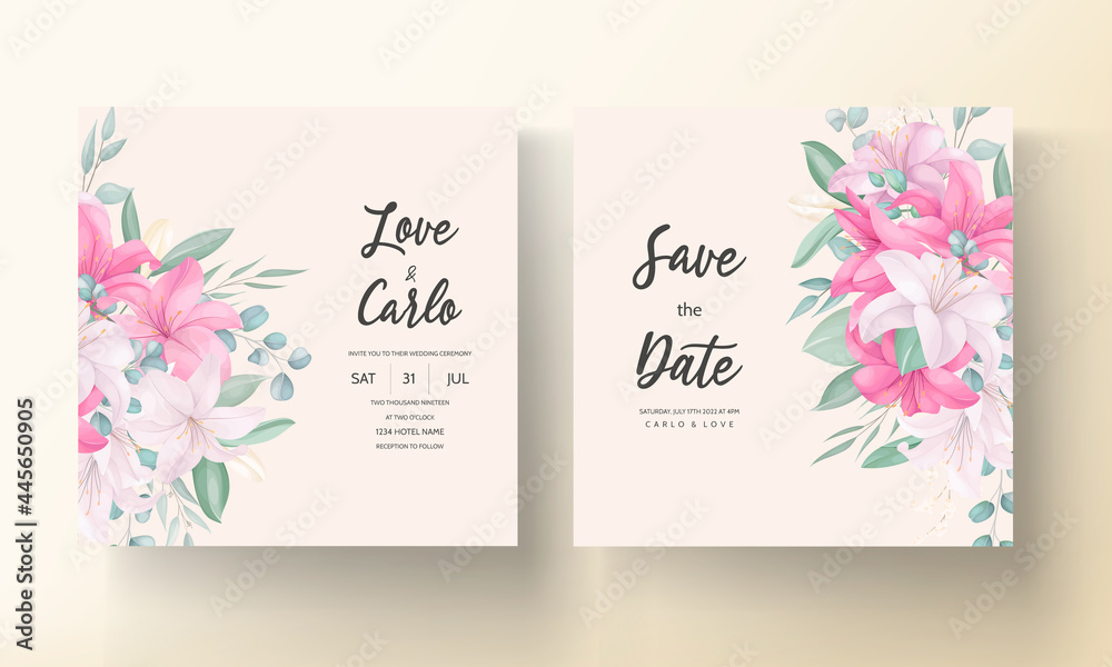 Beautiful wedding invitation card with elegant hand drawn lily flower