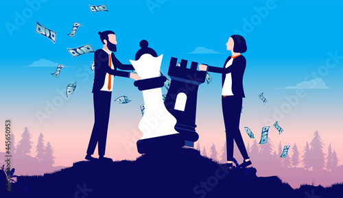 Career competition between man and woman - Male and female person standing outdoors competing with chess pieces. Vector illustration