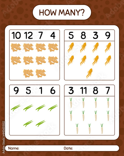 Fototapeta Naklejka Na Ścianę i Meble -  How many counting game with vegetables. worksheet for preschool kids, kids activity sheet, printable worksheet