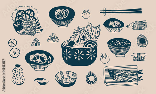 Set of vector images of Japanese food. Sushi, fish, rice, soup. Blue on a beige background. Hand drawing. Illustration