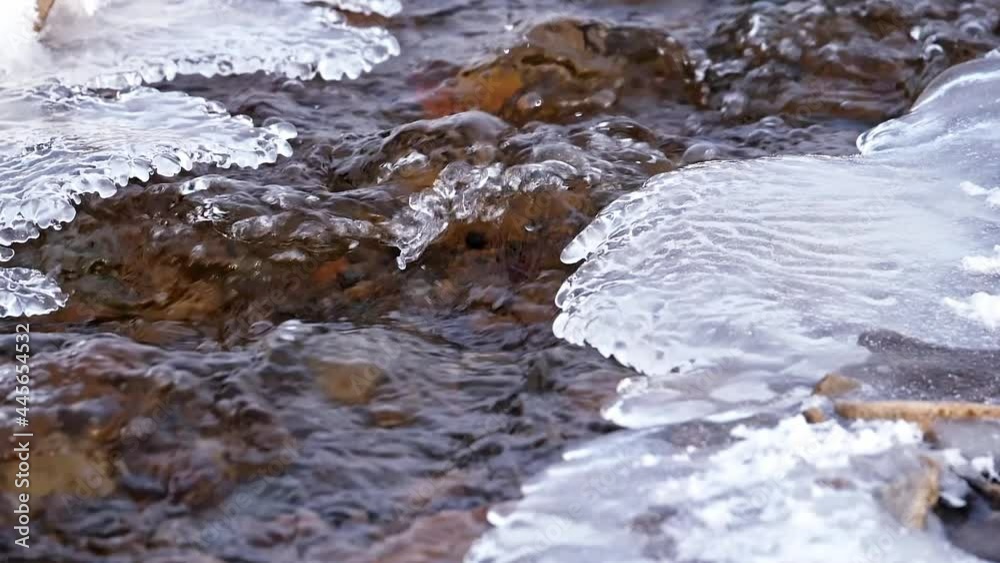 The ice on the banks of a river thaws in spring, and the clear water is flowing fast. The ice on the banks of a river thaws in spring, and the clear water is flowing fast.